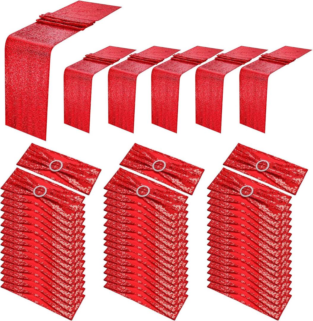 54 Pieces of Red Sequin Chair Ribbons and Table Runners, 48 Sequin Chair Bows, 6 Glitter Table Runners, Suitable for Wedding Parties Birthday Meeting Events Decorations (Red)