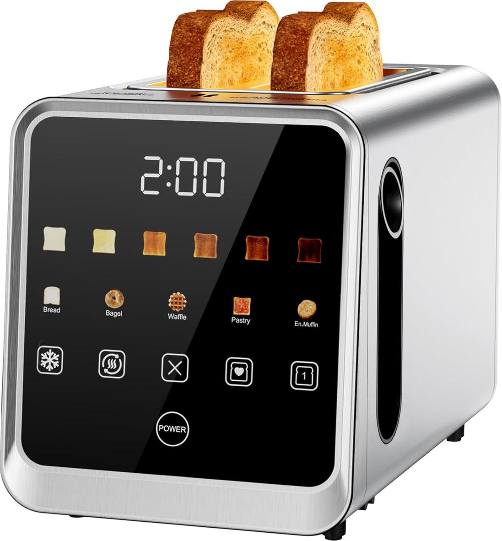 Toaster 2 Slice with Smart Digital Touchscreen & 1-Touch Memory | Stainless Steel 1.5" Extra-Wide Slots for Bagels & Artisan Bread | 900W for Fast, Even Toasting | Defrost, Reheat, Single-Slice Mode