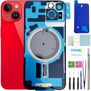 14 Back Glass Replacement for iPhone 14 Rear Back Cover Glass with Waterproof Frame and Camera Lens+Professional Repair Tool Kit (Red)