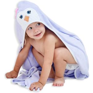 HIPHOP PANDA Hooded Towel - Rayon Made from Bamboo, Bath Towel with Bear Ears for Newborn, Babie, Toddler, Infant - Absorbent Large Baby Towel - Purple Penguin, 37.5 x 37.5 Inch