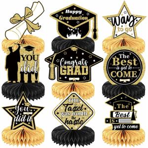 Graduation Table Decorations 2025 - Graduation Centerpieces for Tables, 9 Pcs Black and Gold Honeycomb Centerpieces, 3D Congrats Grad Table Toppers for Class of 2025 Grad Party Decorations