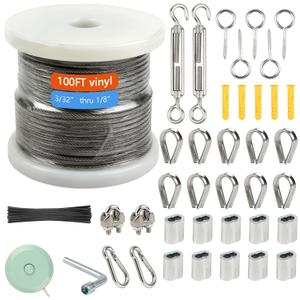 1/8" Wire Rope Kit - Steel Wire, 100FT Turnbuckles for Cables, Vinyl Coated Stainless Steel Cable for Outdoor, Garden, Kitchen, Craft