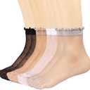 Mcool Mary 12 Pairs Women's Sheer Ruffled Socks Frilly Ankle High Nude Nylon Stocking Ultra Thin Cool Silk Socks for Women (5-9, Black*3+nude*3+grey*3+white*3)