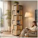 Solid wood Square Rotating Bookshelf Tower with Wheels, Standing Revolving Bookcase Storage Rack, Revolving 360 Book Shelf tall , narrow Turning Spiral Corner Organizer space saving(Natural, 6 Tier)