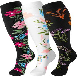 bropite Plus Size Compression Socks for Women & Men 20-30 mmhg-Extra Wide Calf Support Socks for Running (4X-Large, 02-black Flower)