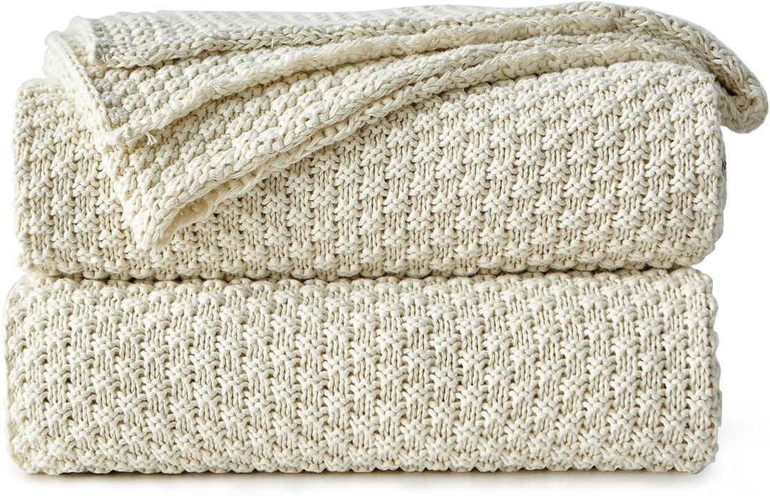 Longhui bedding 100% Cotton Knitted Throw Blanket – Cream, Soft & Cozy, Machine Washable, 60"x80" – Perfect for Living Room, Couch, Sofa, Bed or Travel