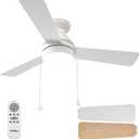 Passky Ceiling Fans with Lights, 42 inch Low Profile Ceiling Fan with Pull Chain and Remote Control, Flush Mount, Reversible, 5CCT, Dimmable, Noiseless, White Pull Cord Ceiling Fan for Bedroom
