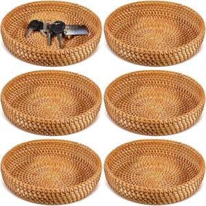 Hushee 6 Pcs Small Round Basket for Entryway Table Woven Wicker Key Bowl Basket Rattan Round Tray Organizing for Key Wallet Cell Phone Fruit Food Holder Decorative Table Storage (Brown)