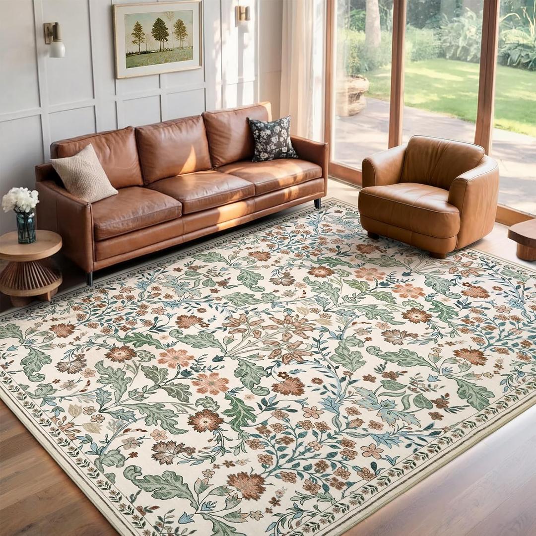 Floral Area Rug for Living Room: 8x10 Washable Soft Low Pile Thin Indoor Carpet, Non Slip Stain Resistant Vintage Flower Boho Accent Large Rugs for Bedroom, Dining, Home Office, Nursery - Beige