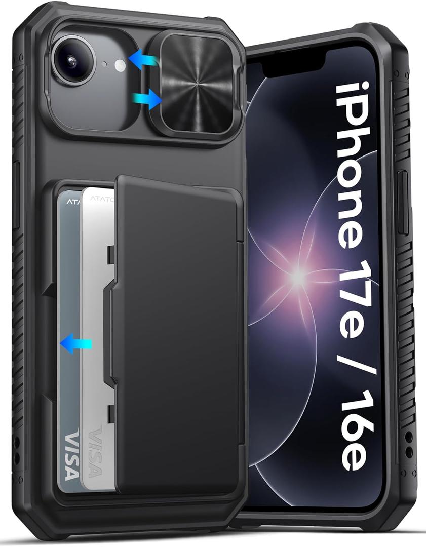 ATATOO for iPhone 17e & 16e Case Wallet, Built-in Card Holder (3-5 Cards) [RFID Blocking] & Slide Camera Cover, Military Grade Protection, Rugged Silicone Phone Case for iPhone 17e/16e 6.1", Black