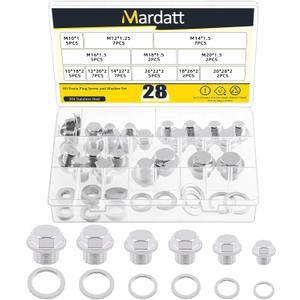 28 Sets Oil Drain Plug Assortment Kit, M10 M12 M14 M16 M18 M20 Steel Oil Drain Plugs with Aluminum Washer Gasket, Engine Oil Drain Plug Replacement Compatible with Honda, Hyundai, Toyota, Ford