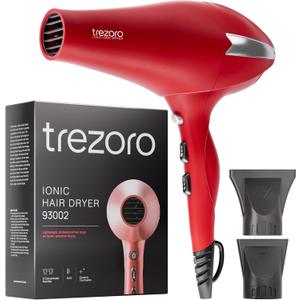 TREZORO Professional Hair Dryer, Ionic Ceramic Tourmaline Technology, 2000W Fast Quiet Drying, with Narrow & Wide Concentrator Nozzles, 3 Heat & 2 Speed Settings, Cool Shot Button, Red