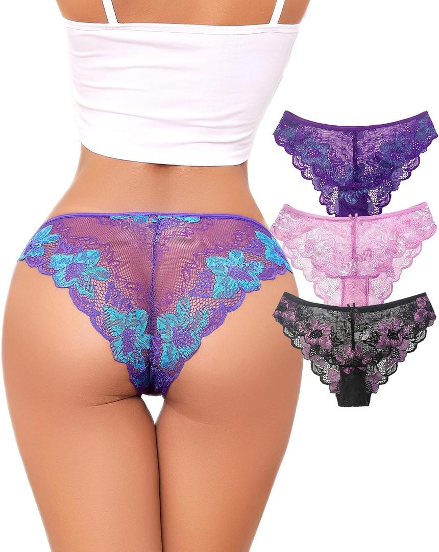 Lace Underwear for Women Sexy Cheeky Panty Seamless Women's Underwear Hipster Ladies No Show Breathable Bikini 3 Pack, M