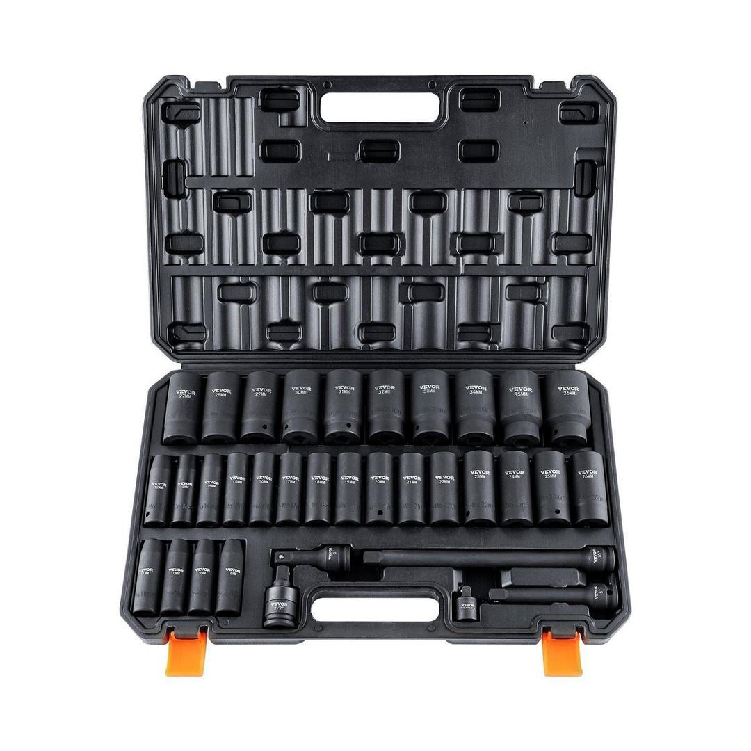 VEVOR 1/2" Drive Deep Impact Socket Set, 34pcs Socket Set Metric (8-36mm) 6 Poin