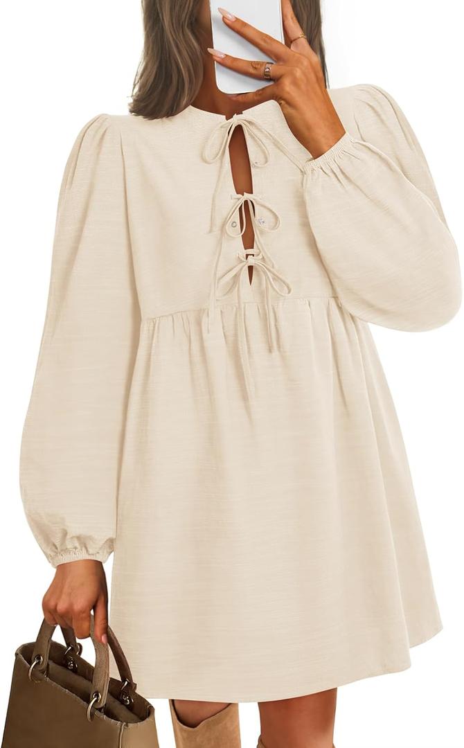 ZESICA Women's Dress Fall Long Puff Sleeve Self Tie Front Babydoll A Line Pleated Cute Mini Tunic Dresses 2026 (Beige, S)