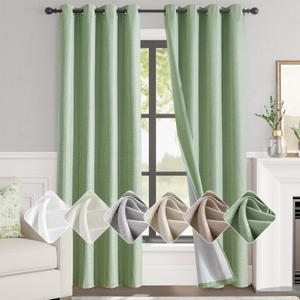 jinchan 100% Blackout Curtains for Bedroom Living Room Linen Blackout Curtains 96 Inch Long Room Darkening Curtains Linen Textured Drapes 52" W 2 Panels Window Curtains Grommet Top Heathered Green