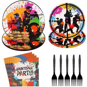 Grencian 96Pcs Paintball Party Supplies Paintball Neon Paper Plates and Napkins Paint Ball Gun Tableware Sets Shooting Splatter Bomb Buster for Kids Boys Holiday Birthday Party Supplies Serves 24