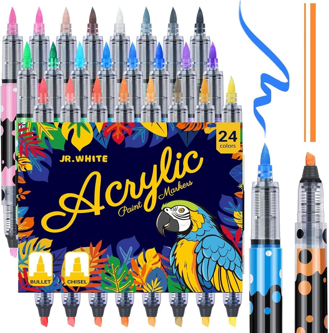 JR.WHITE 24 Colors Acrylic Paint Markers Dual Brush & Chisel Tip with Auto Flow, Ideal Christmas Gifts for Family Water-Based Markers, Vivid Opaque Colors for DIY Crafts, Rock, Wood, Canvas, Glass