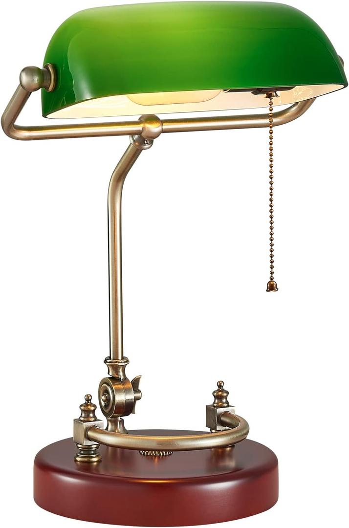 Bankers Lamp, Traditional Green Desk Lamp with Solid Birch Wood Base, Green Glass Antique Library Lamp with Pull Chain Switch, Plug in Vintage Bankers Desk Lamp for Office, Study Room E26 Socket