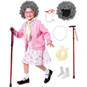 Kids Old Lady Costume Set, 100 Days of School Dress Up Kit with Granny Wig for Girls, Grandma Themed Outfit6-8years