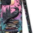 DAIZAG Case Compatible with iPhone 13,Glossy Durable Shock Protection Cover for Girl Women,Black Raven Bird Book Rose Skulls