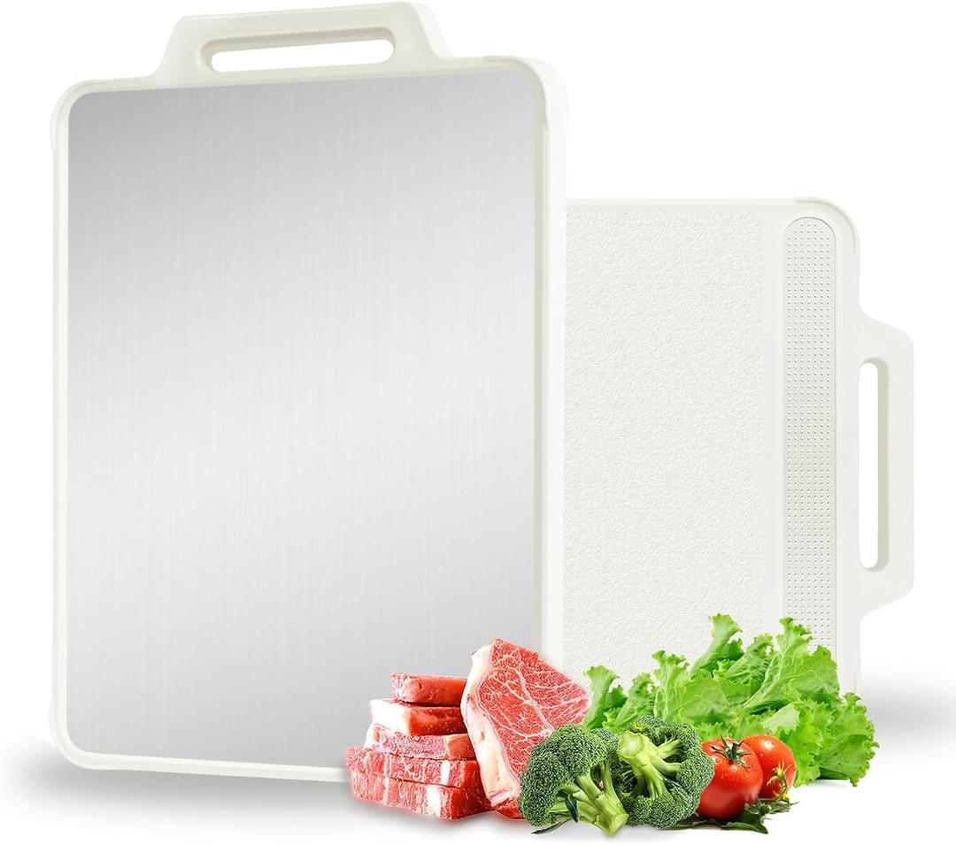 Double Sided Stainless Steel Cutting Board for Kitchen White Large Steel/Wheat Straw PP Cutting Boards non Toxic Chopping Board for Meat, Vegetables, Fruits 16"11"