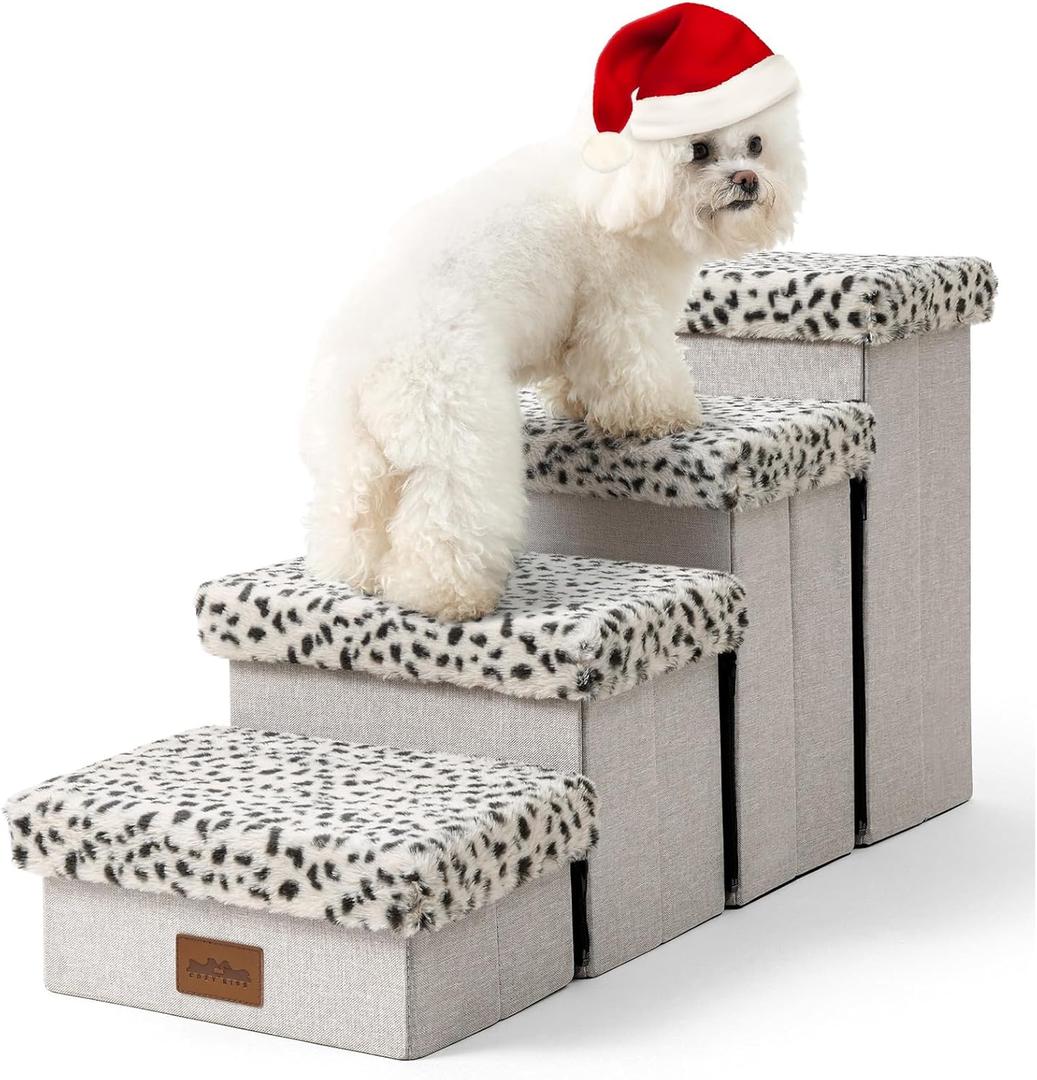 Dog Stair for Small Dogs with Storage, Foldable Pet Stairs for Medium or Puppy Dogs and Older Cats, Dog Steps for Bed or Couch with Soft Cover, 33x13x17.7 inch, 4 Tiers, Leopard (33x13x17.71in)
