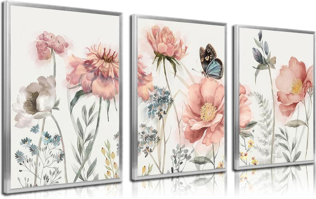 3pcs Pink Peony Floral Canvas Wall Art Butterfly Blossom Posters Prints Watercolor Bouquet Wall Decor Pictures For Living Room Classroom Bedroom Decoration Unframed
