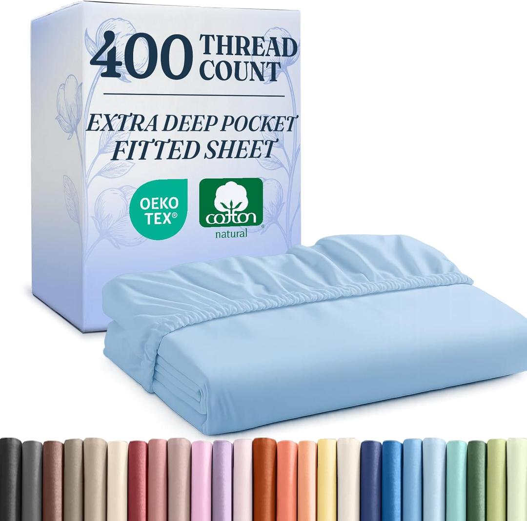 Extra Deep Full 400 Thread Count Cotton Fitted Sheet - Hotel Luxury Single Fitted Sheet Only - Easily Fits 18" to 24" Mattress - Soft, Wrinkle Free & Breathable & Comfy Extra Deep Pockets Light Blue