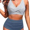 Yonique High Waisted Two Piece Swimsuit-Womens Bikini Set Tummy Control Bathing Suit Modest Full Coverage Bikini 2025 (Small, Striped and Blue)
