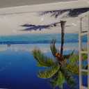 Beach Pictures Wall Art Decor for Living Room Blue Ocean Painting for Bedroom White Window Frame Style Palm Trees Canvas Wall Blue Coastal Landscape Artwork for Bathroom Home Office Decorations, Ready to Hang (24*36, Beach Palm Trees Wall Art)