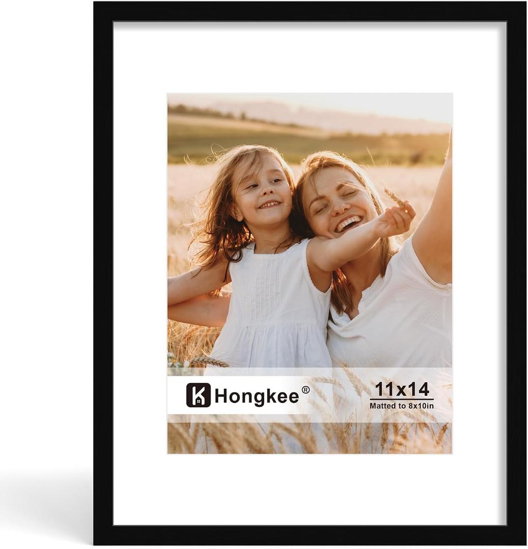 Hongkee 11x14 Picture Frame, Made of Solid Wood with Real Glass, Display Pictures 8x10 with Mat or 11 x 14 without Mat - Wall and Tabletop (Black, 1 Pack)