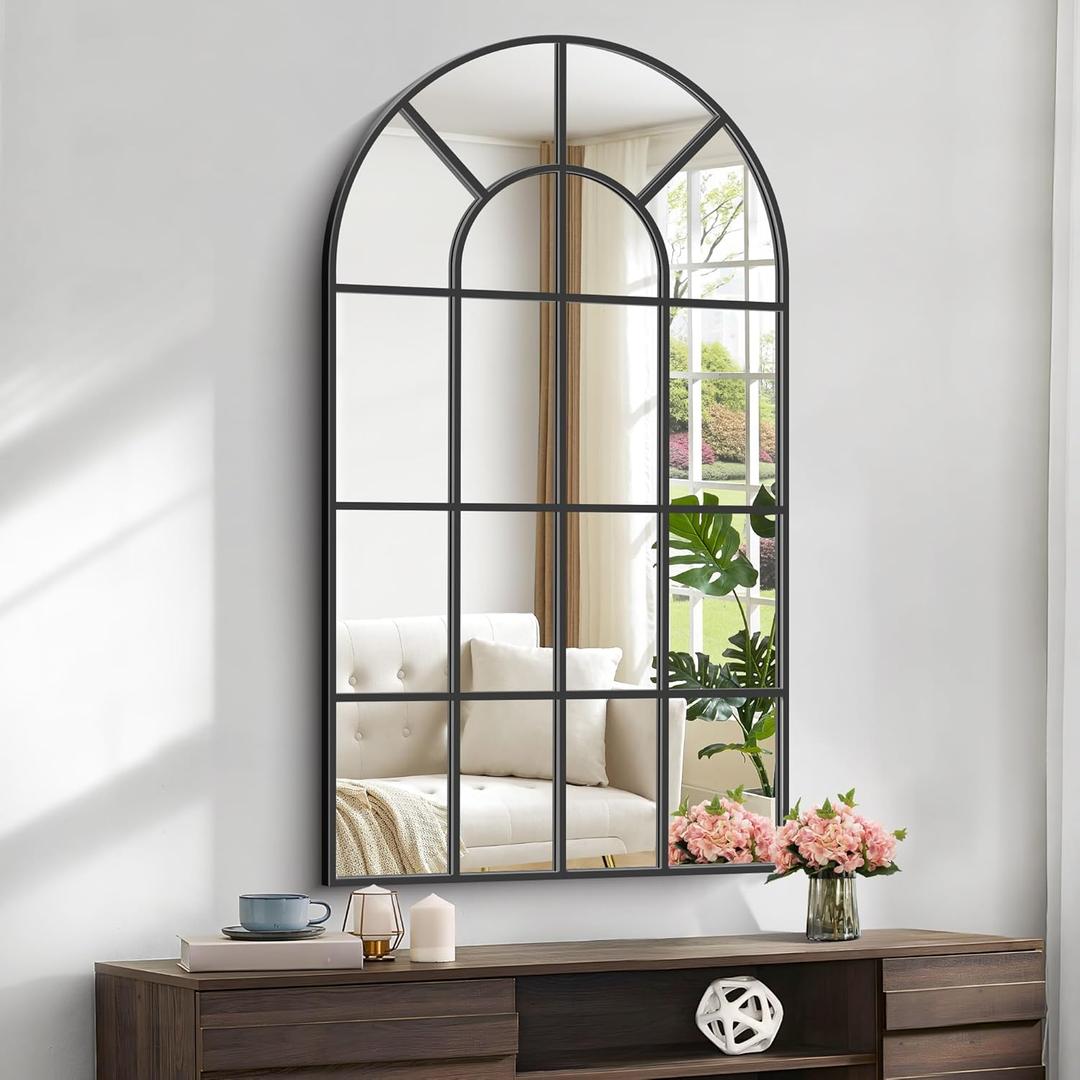 Arched Mirror, 30"x55" Arch Window Mirror, Black Frame Window Pane Wall Decor, Large Wall Mounted Decorative for Living Room Bedroom Entryway Hanging or Leaning Against (30"L x 55"W)