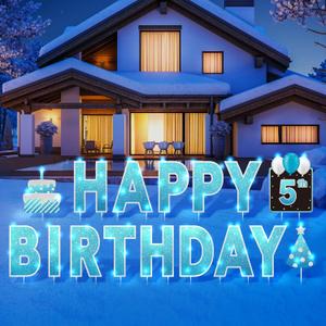 Yerliker 16 Pcs Happy Birthday Yard Signs with Stakes, 32.8 ft LED Lights, 42 Pcs Number Stickers, 13.4 Inch Letters Signs for Birthday Party Supplies Yard Lawn Outdoor Decoration(Light Blue)