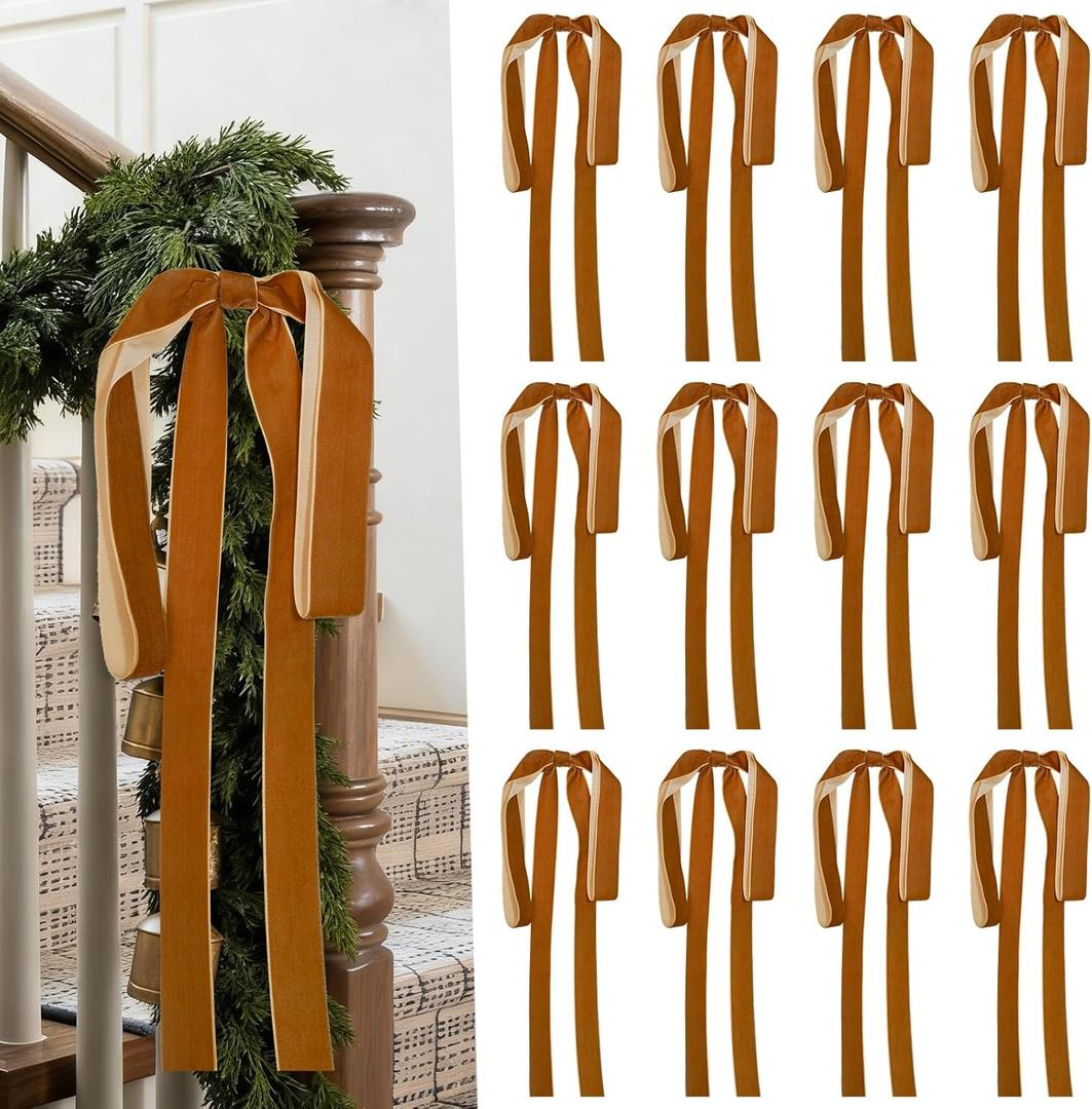 Artmag 12 Pcs Velvet Christmas Large Swag Bows 23.6x15.7 Inch Rustic Staircase Wreath Fireplace Vintage Bows for Christmas Tree Topper Holiday Indoor Outdoor Decor (Camel)