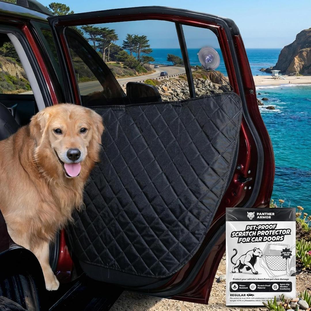 Car Door Protector for Dogs, 2 Pieces. Quilted Anti-Scratch Liner with Adjustable Clips & Suction Cup, Regular Size (28.3" x 21.7") Fits Compact & Medium Cars, Protects Car Doors from Dog Scratches