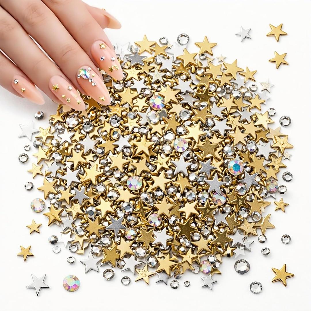 Nail Charms Rhinestones Kit Flatback: 1660PCS Crystal 3D Colorful Star Decorations for Nail Decoration, Press-On Nail Art for Party, Festival & Rave Looks