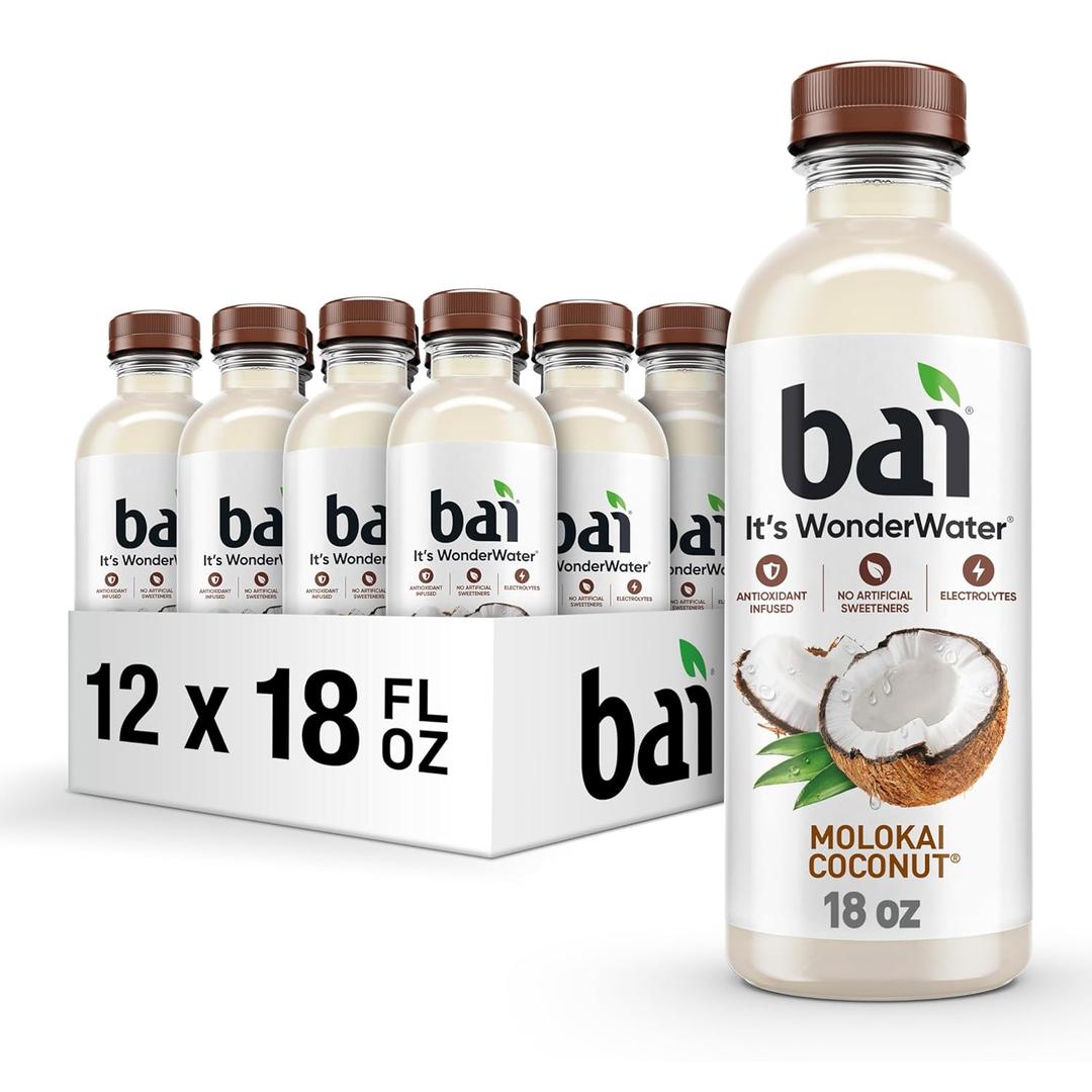 Bai Antioxidant Infused Water Beverage, Molokai Coconut, with Vitamin C and No Artificial Sweeteners, 18 Fluid Ounce Bottle, 12 Pack (EXP 06/14/26)