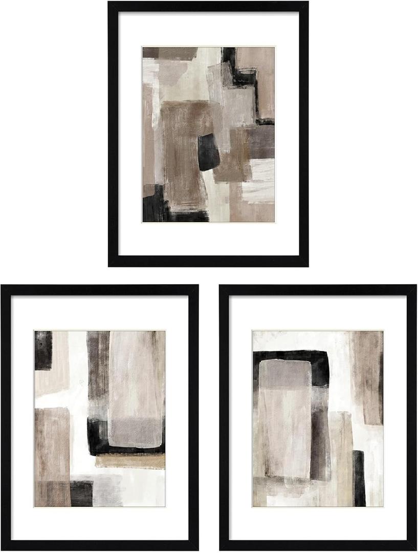 ArtbyHannah 11x14 Inch Black Framed Abstract Wall Art Set of 3 with Brown Black Tan Blocks for Wall Decor, Extra Art Prints of Botanical Included