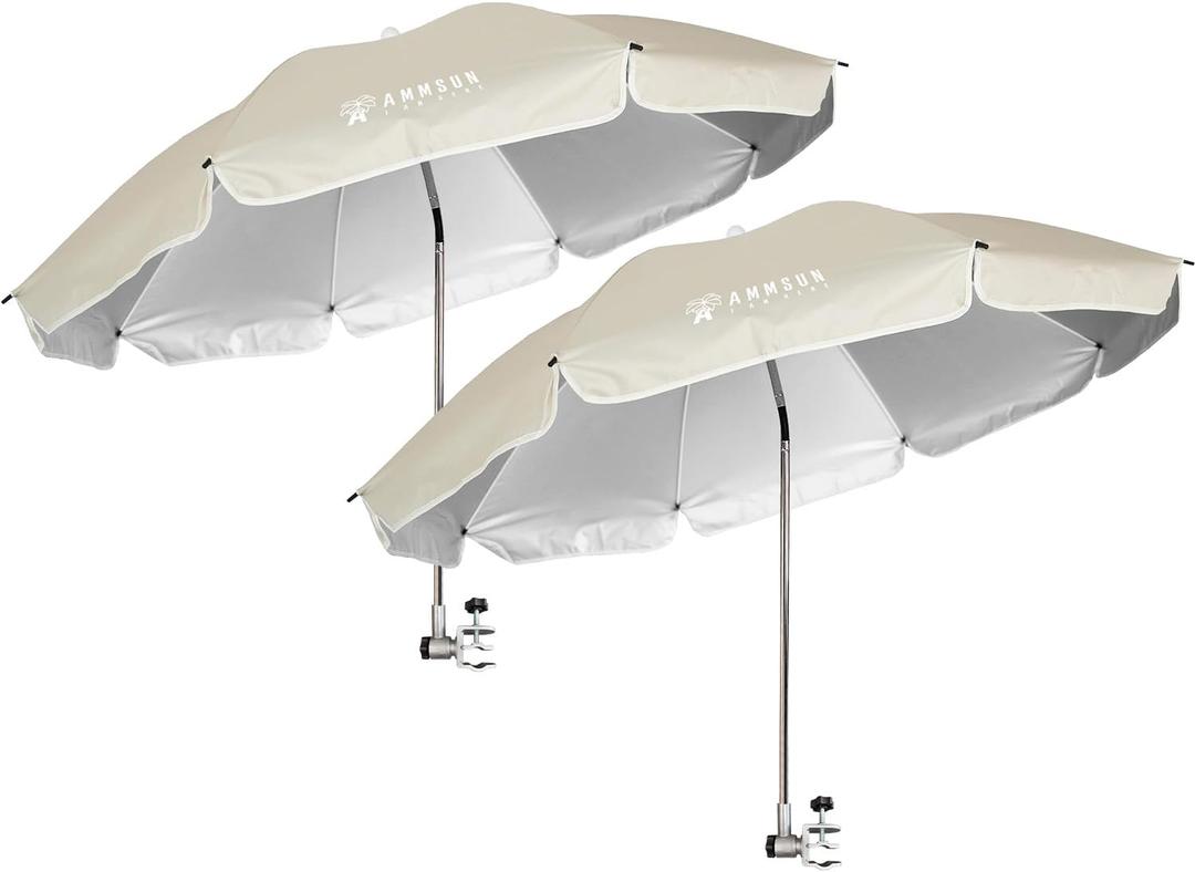 AMMSUN Chair Umbrella with Universal Clamp Adjustable 47 inches and 360° Swivel & UPF 50+ Protection Portable Sun Umbrella, Secure Clip on Camping/Beach Chairs, Stroller, Wheelchair, Golf cart, Lounger, Beige, 2 Pack