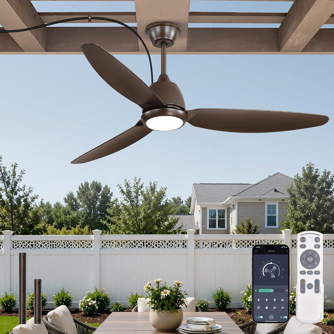 52" Outdoor Ceiling Fan with Light,Plug in Hanging IP65 Bronze | APP & Remote Control,6 Speeds,Reversible DC Motor,3000-6000K Dimmable LED,Perfect for Covered Patios,Gazebos,Pergola,Porches