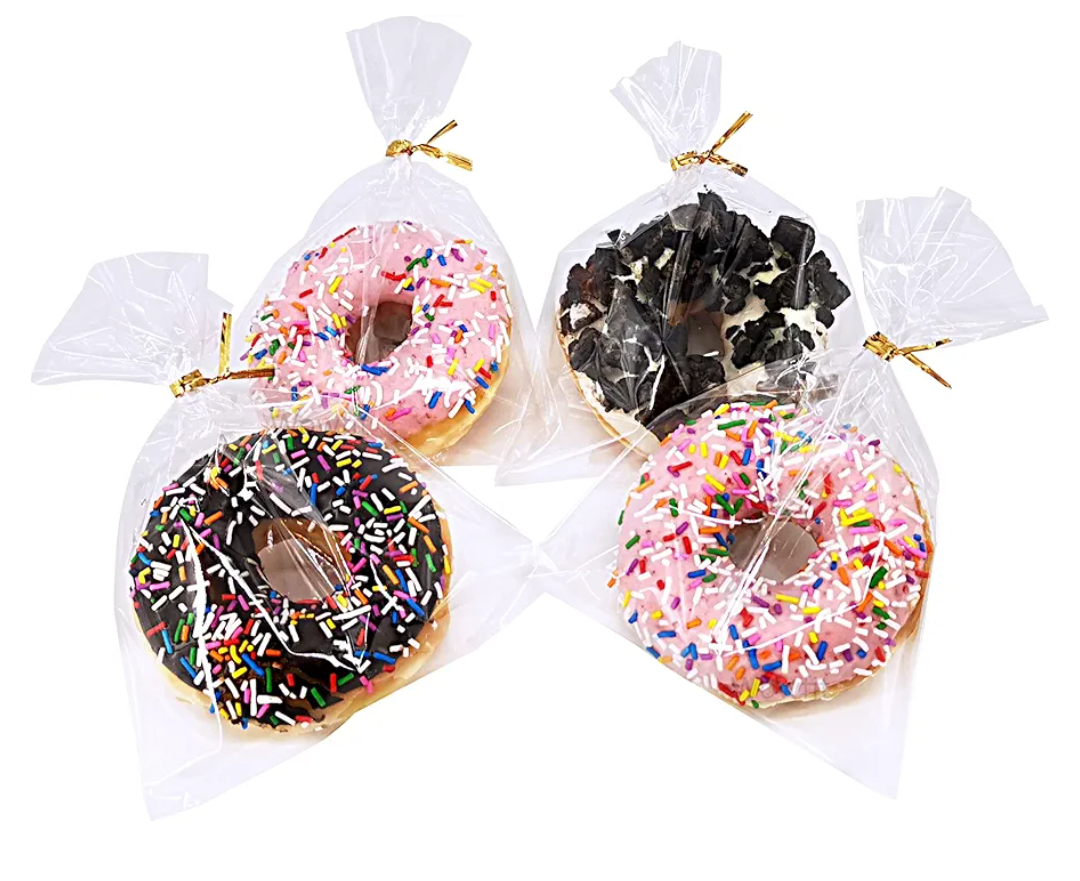 Wowfit 100 CT 5x7 Inch Clear Flat Cellophane Treat Bags with 4” Gold Twist Ties, Cello Packaging for Donuts, Cookies, Candies and Gift Wrapping