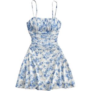 WDIRARA Women's Floral Print Ruched Cami Dress Spaghetti Strap Ruffle Hem Mesh Mini Dress (A Blue and White, XXL)