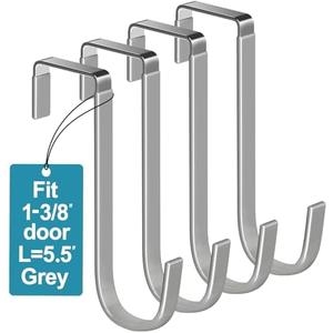 Mars-Rock Over The Door Metal Hooks with Plastic Coating 5.5" Fit 0.5" to 1 3/8" Door 4 Pcs Heavy Duty Single Towel Robe Rack Wreath Bathroom Shower Hanger Shoe Organizer Ironing Board Short Grey