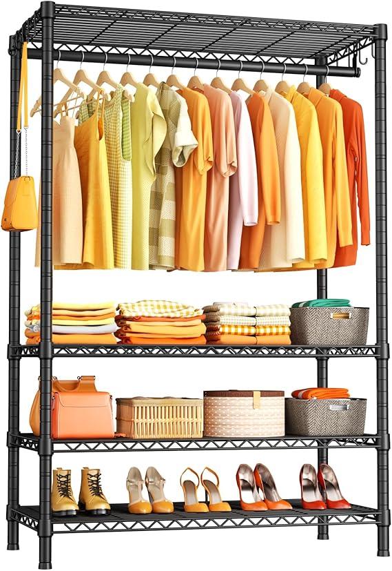 Ulif H4 Plus Garment Rack, 4-Tier Portable Clothes and Clothing Rack for Bedroom and Cloakroom, Closet Storage and Organizer Wardrobe System, 45" W x 14" D x 76.4" H, Load 522lbs, Black