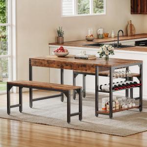 DWVO 3-Pieces Dining Room Table Set for 4 People 63" Large Dining Table with 2 Benches Rectangle Industrial Kitchen Table for 4 with Metal Frame & 2 Storage Shelves for Small Space Kitchen Brown