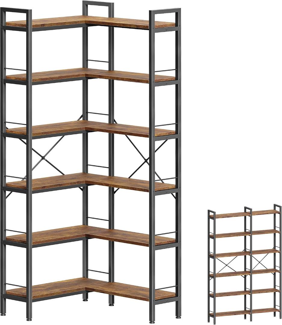 Huuger 6 Tier Bookshelf, L Shaped Corner Bookshelf with Open Shelves, 49.4 Inch Straight Wide Bookcase with Metal Frame and Wooden Board, Adjustable Feet, Rustic Brown