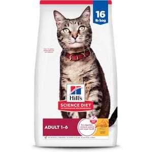 Hill's Science Diet Adult 1-6, Adult 1-6 Premium Nutrition, Dry Cat Food, Chicken Recipe, 16 lb Bag, Best By: 08/2026