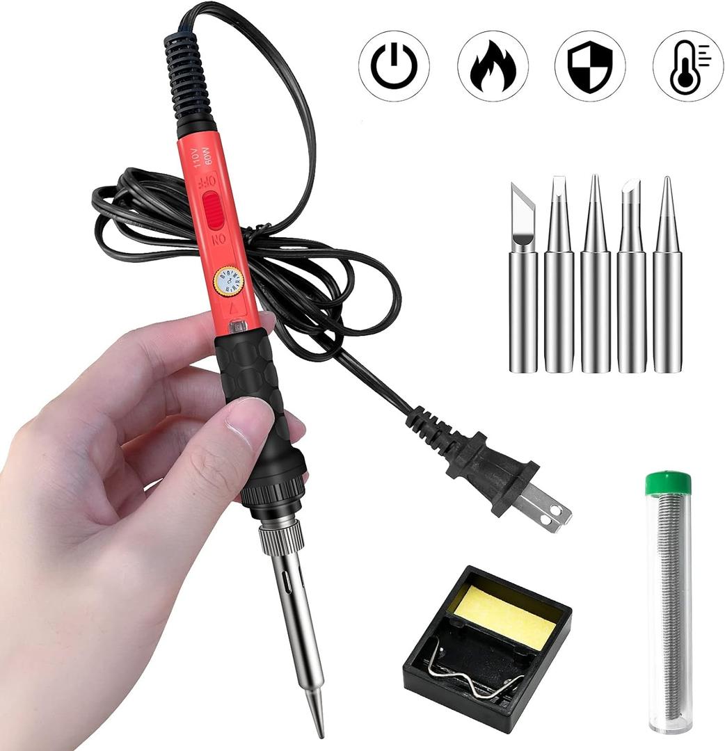 Soldering Kit, 60W Soldering Iron, 110V Welding Kit with Ceramic Heater, Portable Solder Irons with 5pcs Extra Tips, Stand, Solder Tube, Sponge, for Electronic Repair (9-in-1 Basic)