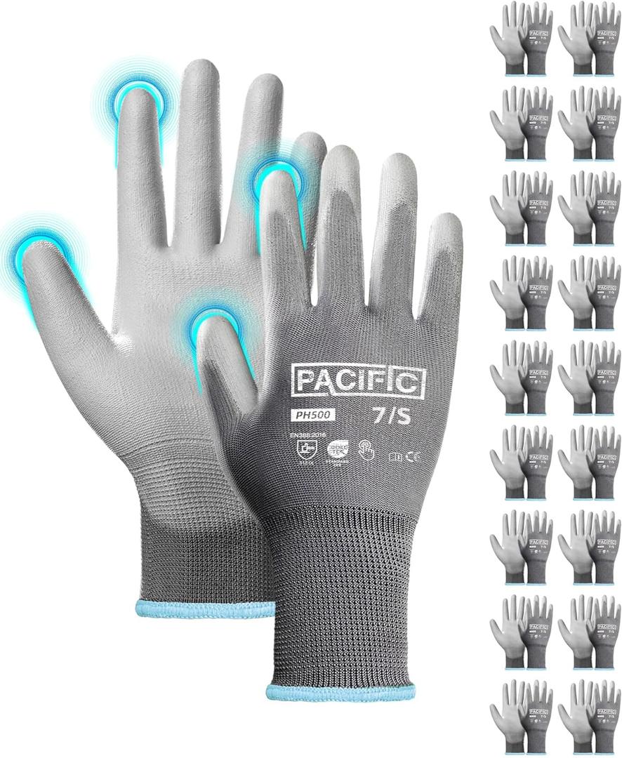 PACIFIC PPE 18 Pairs Work Gloves, PU Coated Seamless Knit Gloves, Touchscreen Safety Gloves with Grip, Ideal for General Duty Work, Men and Women, Grey, Small (Small(Fits like XS))
